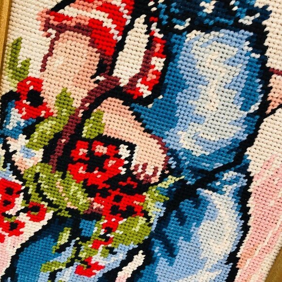 70s Big Eye Prairie Girl Needlepoint Wall Hanging Vintage Cross Stitch Fiber Art - Picture 3 of 12